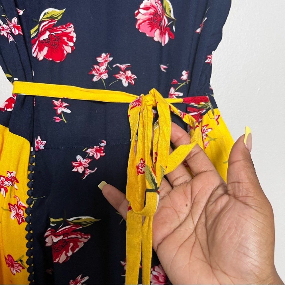 eShakti Wayward Fancies Women Dress Medium Blue Yellow Floral Wrap Summer - Picture 6 of 10